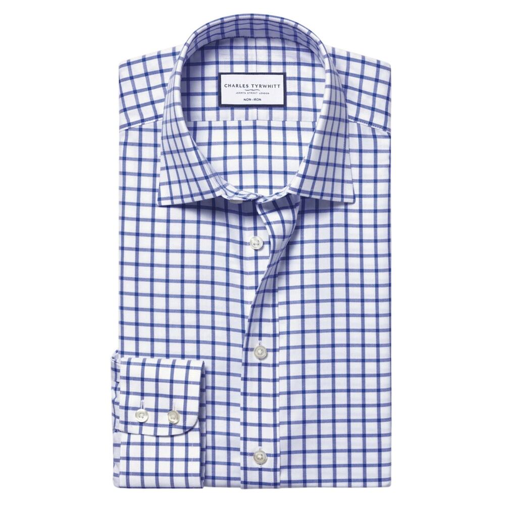 Charles Tyrwhitt Non-Iron Twill Grid Check Shirt in Cobalt Blue, Size 17/37